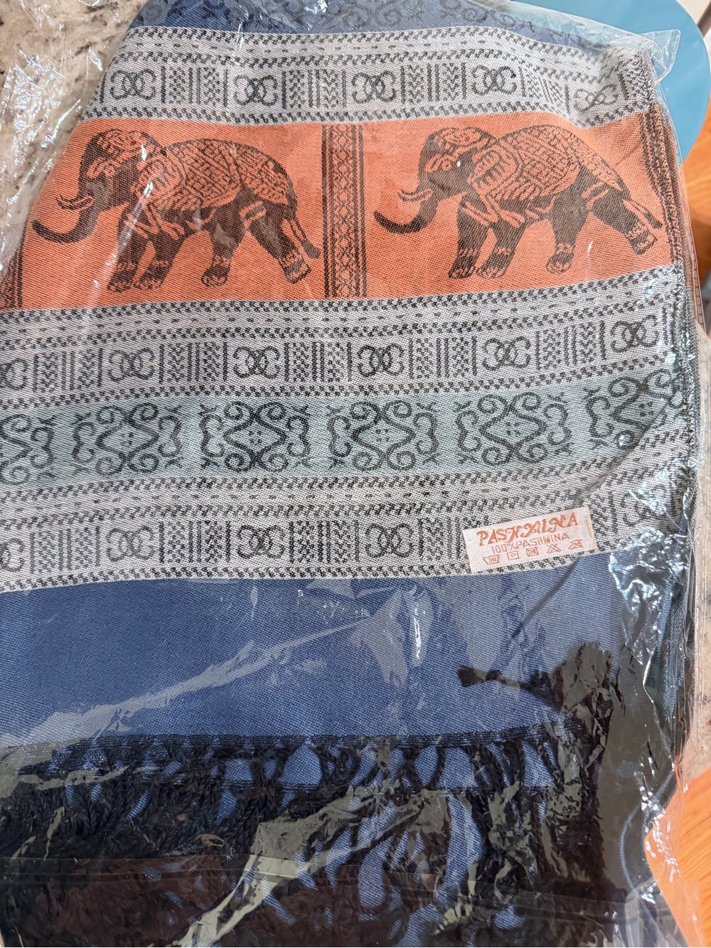 Handmade in Cambodia Elephant Pattern Woven Scarf in Orange, Blue, Gray Pashmina